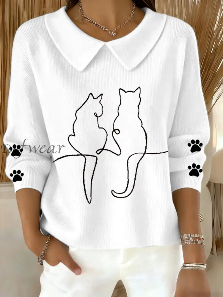 Women’s Cute Cat Print Cat Lovers Casual Baby Doll Collar Top White / S