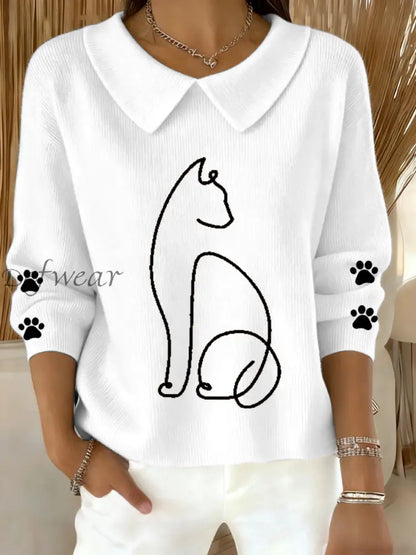 Women’s Cute Cat Print Cat Lovers Casual Baby Doll Collar Top White / S