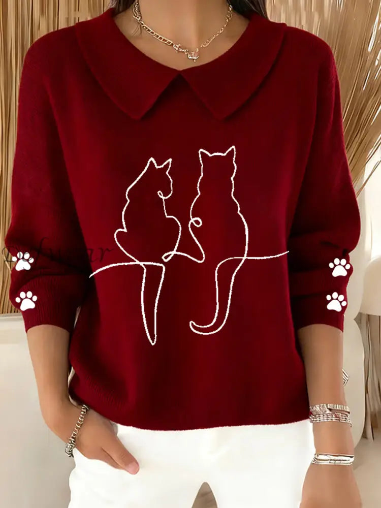 Women’s Cute Cat Print Cat Lovers Casual Baby Doll Collar Top Wine Red / S