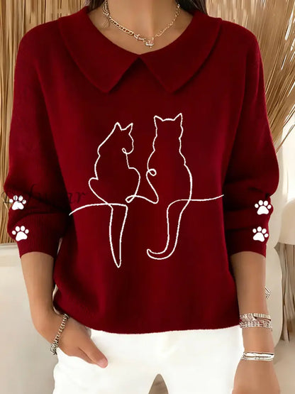 Women’s Cute Cat Print Cat Lovers Casual Baby Doll Collar Top Wine Red / S