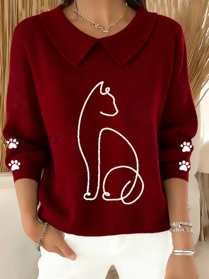 Women’s Cute Cat Print Cat Lovers Casual Baby Doll Collar Top Wine Red / S