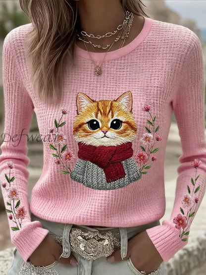 Women’s Cute Cat Print Cat Lovers Casual Long Sleeve Waffle Top Pink / S
