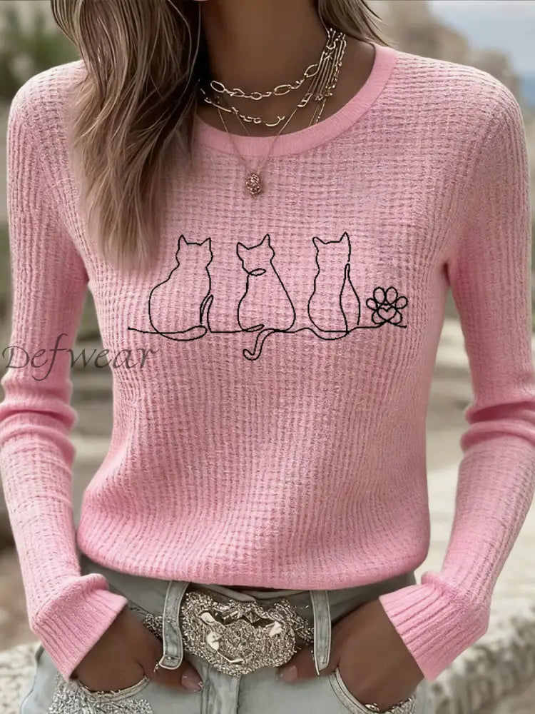 Women’s Cute Cat Print Cat Lovers Casual Long Sleeve Waffle Top Pink / S