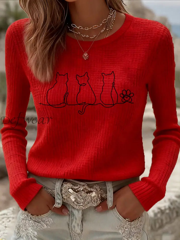 Women’s Cute Cat Print Cat Lovers Casual Long Sleeve Waffle Top Red / S