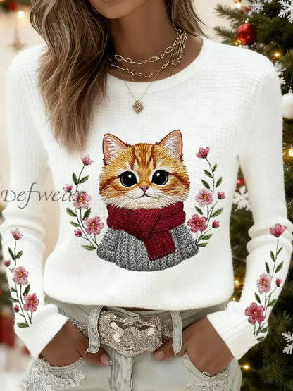 Women’s Cute Cat Print Cat Lovers Casual Long Sleeve Waffle Top White / S