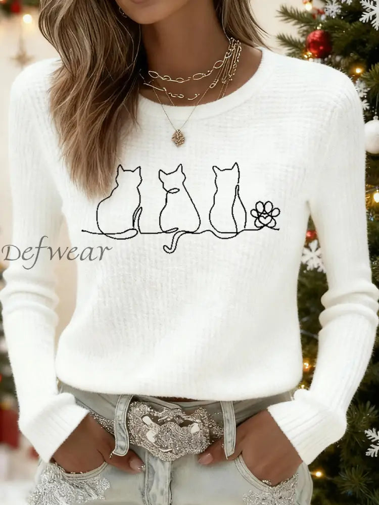 Women’s Cute Cat Print Cat Lovers Casual Long Sleeve Waffle Top White / S