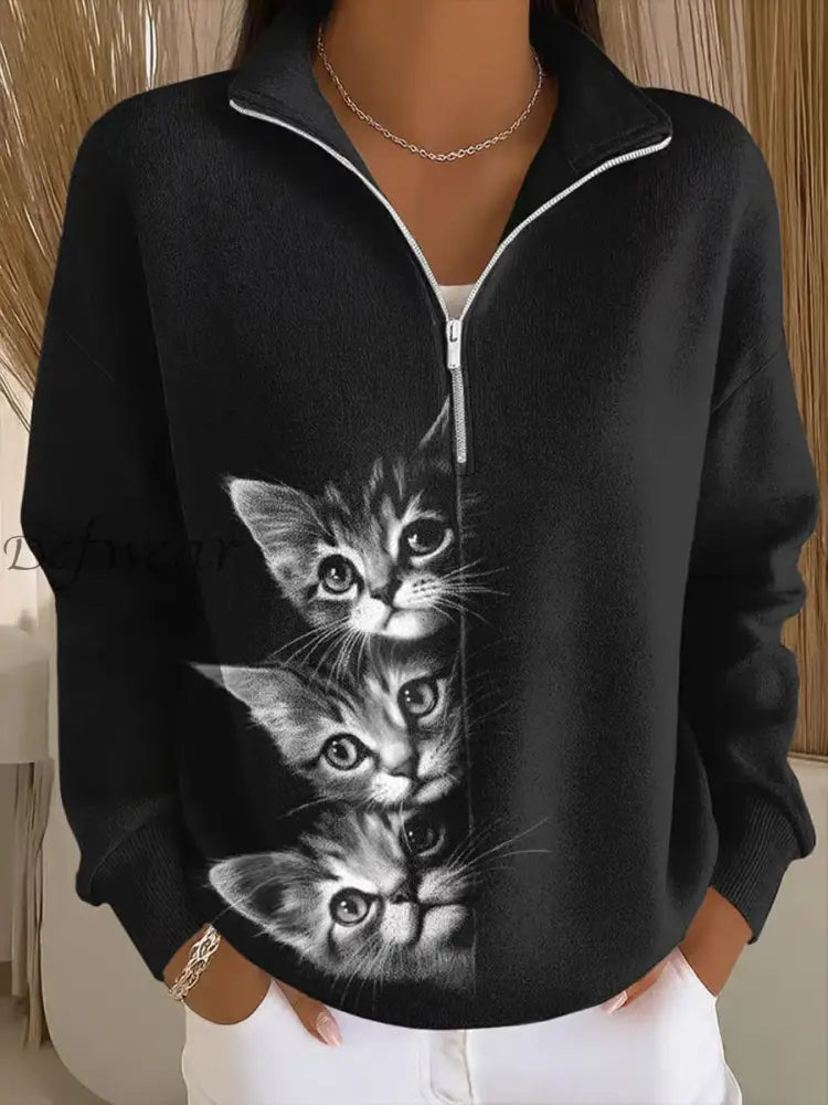 Women’s Cute Cat Print Cat Lovers Casual Sweatshirt Black / S