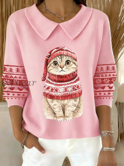 Women’s Cute Christmas Cat Print Cat Lovers Casual Baby Doll Collar Top Pink / S