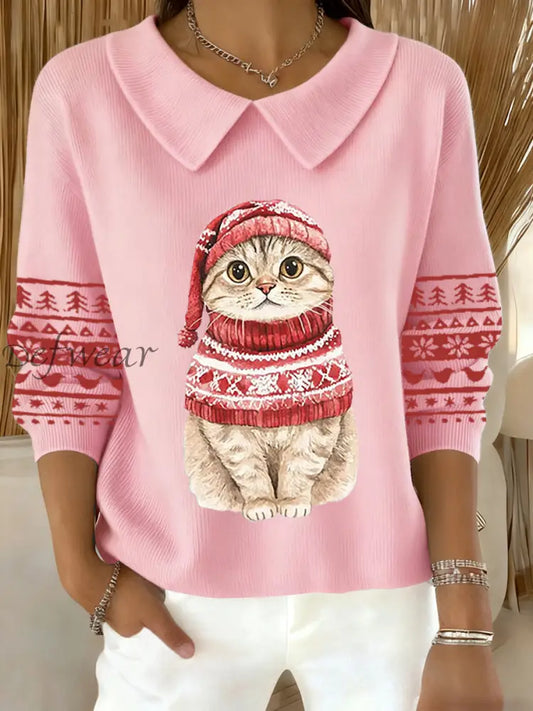 Women’s Cute Christmas Cat Print Cat Lovers Casual Baby Doll Collar Top Pink / S