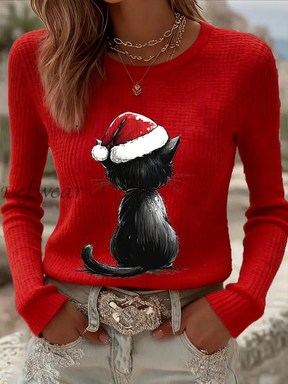 Women’s Cute Christmas Cat Print Cat Lovers Casual Long Sleeve Waffle Top Red / S