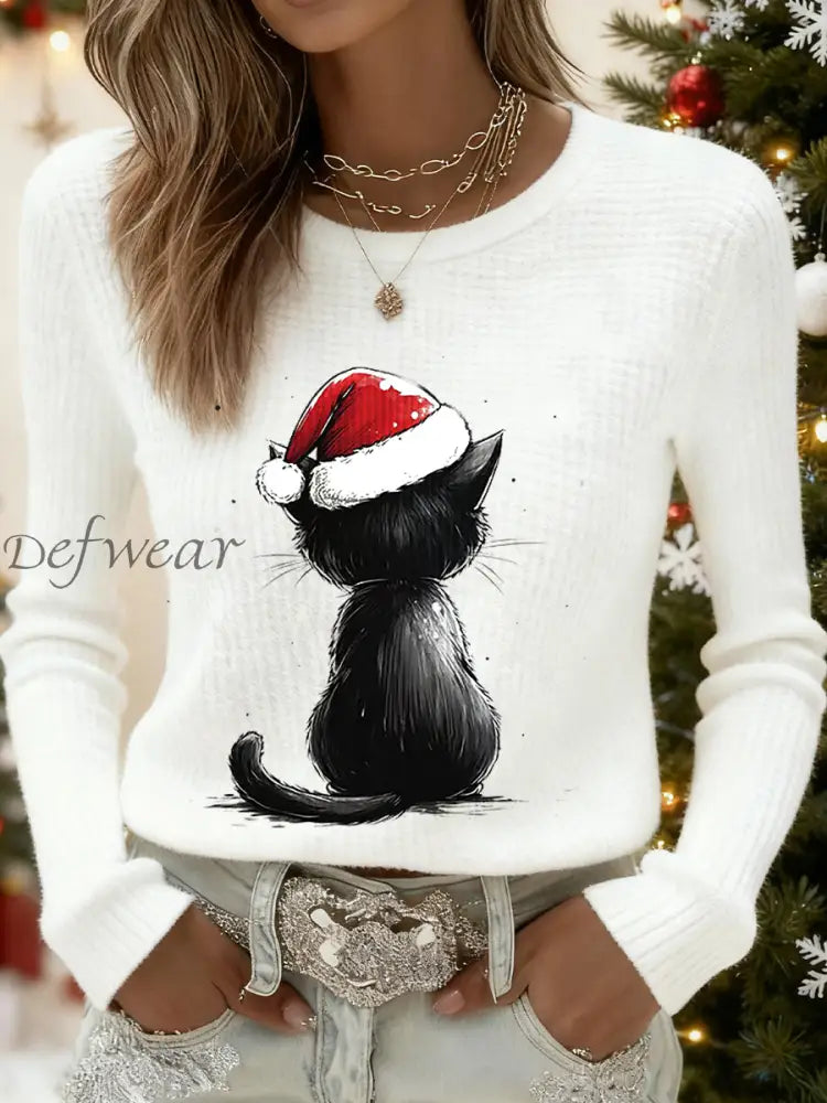 Women’s Cute Christmas Cat Print Cat Lovers Casual Long Sleeve Waffle Top White / S