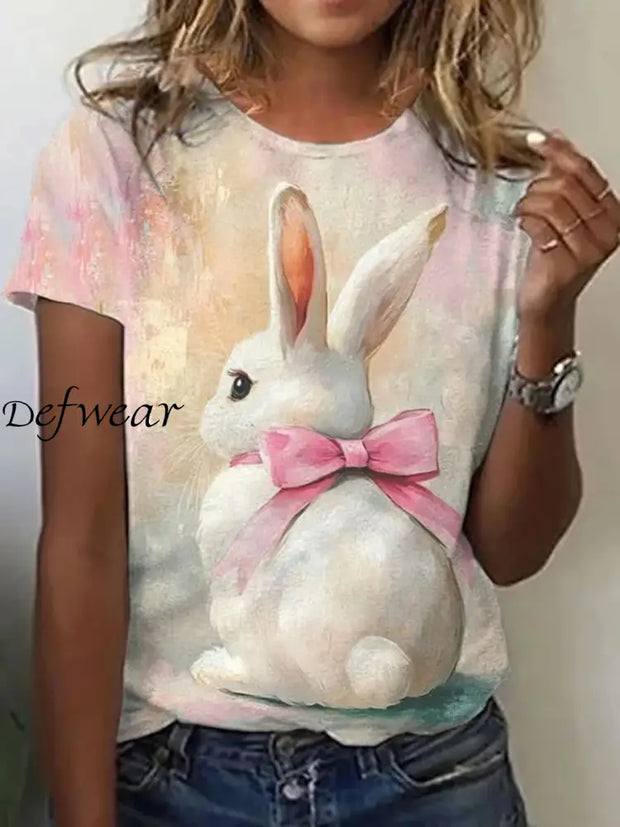 Women’s Cute Easter Bunny With Pink Bow Printed Casual T-Shirt Pink / S