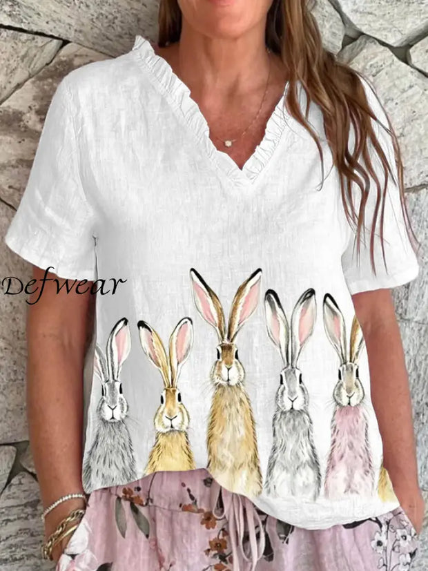 Women’s Cute Hares Print Happy Easter Casual Shirt White / S