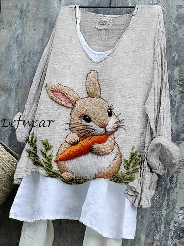 Women’s Cute Rabbit Pattern Printed V-Neck Cotton Linen Comfortable Long Sleeve Shirt As picture / S