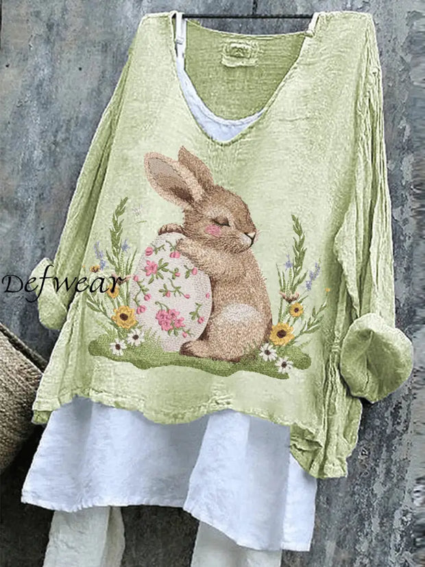 Women’s Cute Rabbit Pattern Printed V-Neck Cotton Linen Comfortable Long Sleeve Shirt Light Green / S