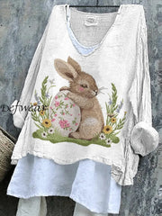 Women’s Cute Rabbit Pattern Printed V-Neck Cotton Linen Comfortable Long Sleeve Shirt White / S