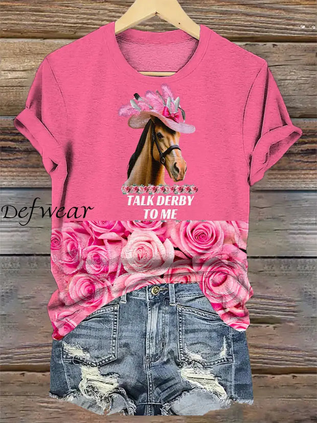 Womens Derby Horse Rose Print T-shirt Pink / S