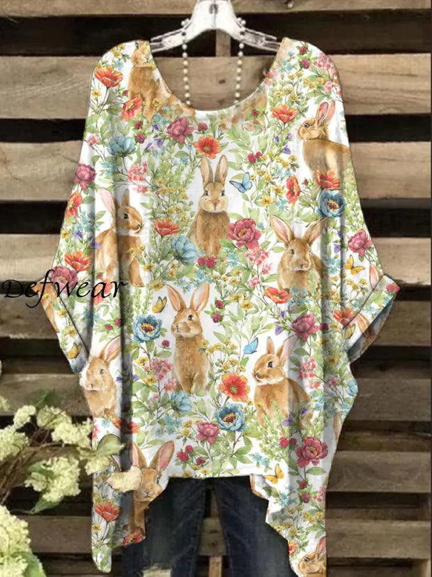 Women’s Easter Artistic Floral Bunny Print Irregular Top As picture / S