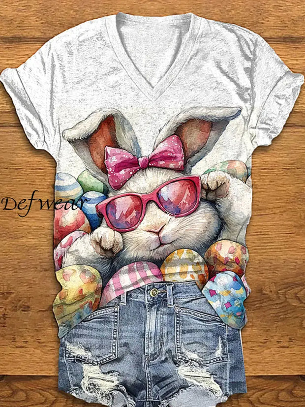 Women’s Easter Bunny Colorful Eggs Printed V-Neck T-Shirt White / S