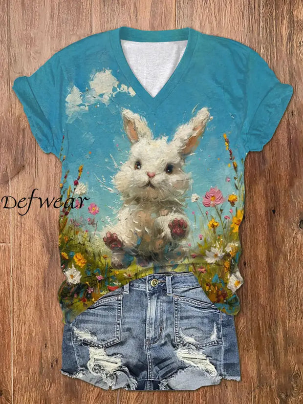 Women’s Easter Bunny Floral Art Print T-Shirt As picture / S