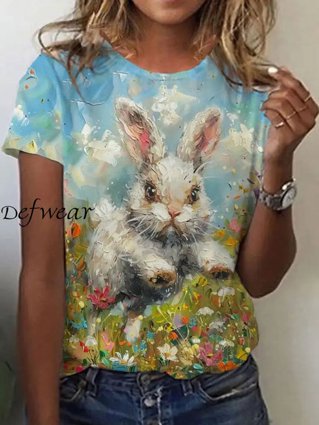 Women’s Easter Bunny Floral Art Print T-Shirt As picture / S