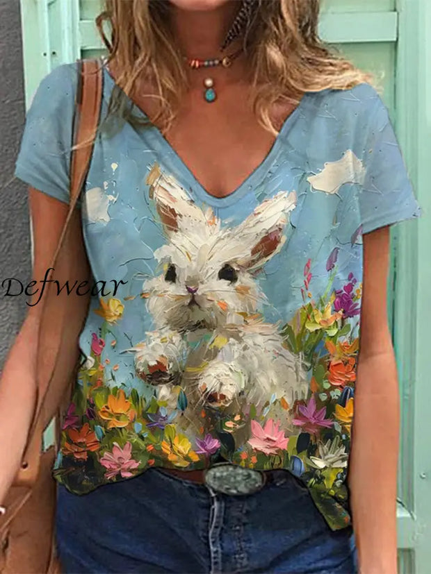 Women’s Easter Bunny Floral Art Print T-Shirt As picture / S