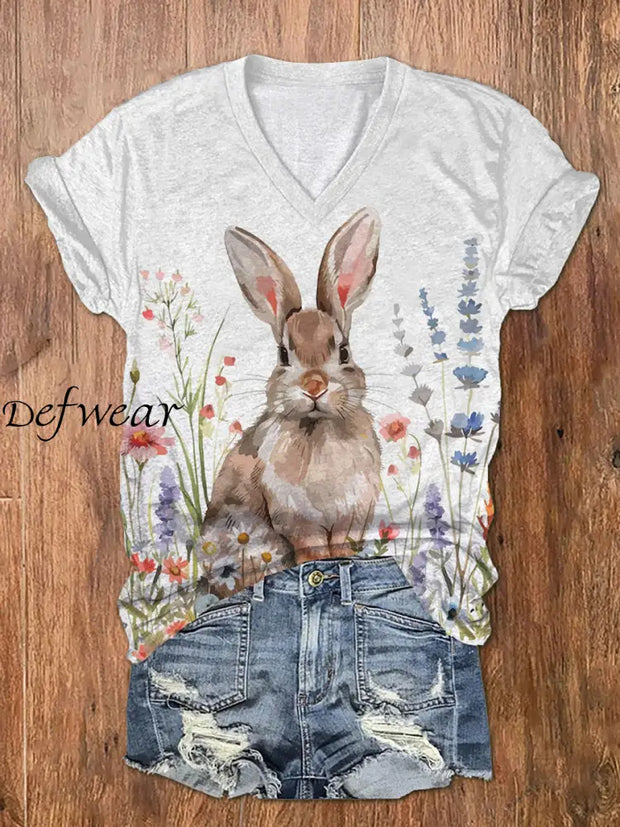 Women’s Easter Bunny Floral Art Print T-Shirt White / S