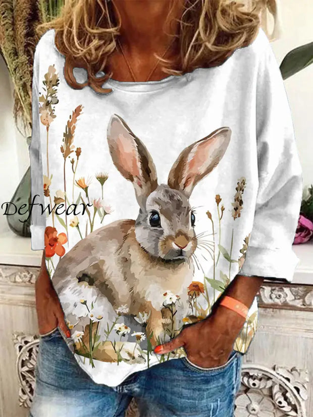 Women’s Easter Bunny Floral Art Print T-Shirt White / S