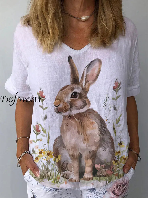 Women’s Easter Bunny Floral Art Print T-Shirt White / S