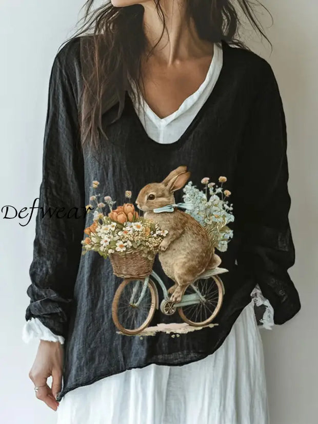 Women’s Easter Bunny Floral Print Casual Top Black / S