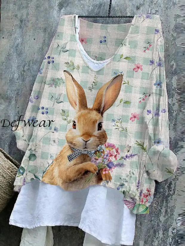 Women’s Easter Bunny Plaid Print Casual Linen V Neck Long Sleeve Shirt Colorful / S