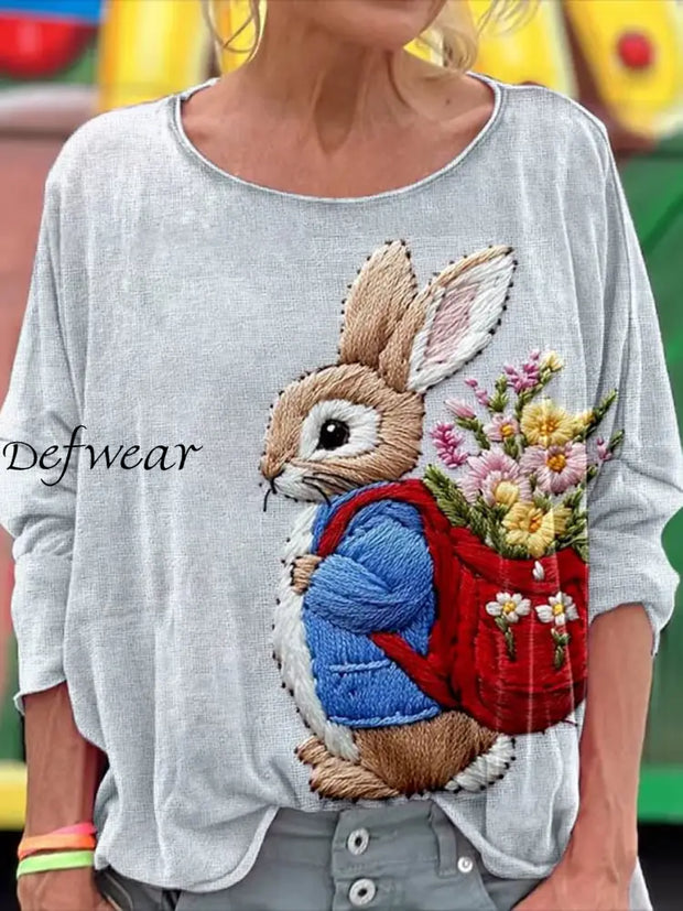 Women’s Easter Bunny Print Casual Linen O- Neck Long Sleeve T-shirt Light Blue / S