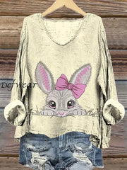 Women’s Easter Bunny Print Casual Linen V Neck Long Sleeve Shirt Light Yellow / S