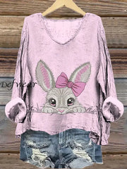 Women’s Easter Bunny Print Casual Linen V Neck Long Sleeve Shirt Pink / S