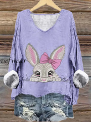 Women’s Easter Bunny Print Casual Linen V Neck Long Sleeve Shirt Purple / S