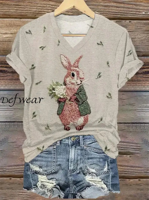 Women’s Easter Bunny Print Casual Linen V Neck T-shirt Apricot / S