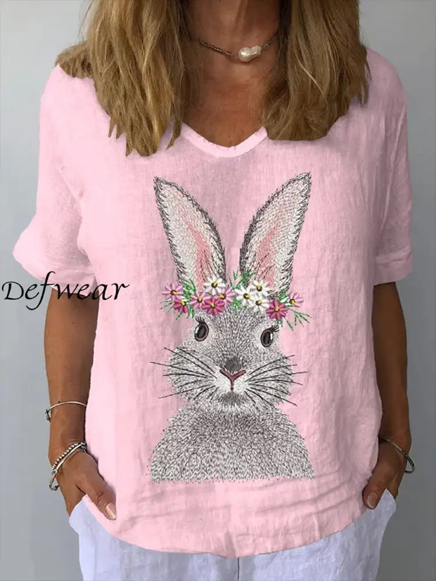 Women’s Easter Bunny Print Casual V-Neck Cotton and Linen Top Pink / S