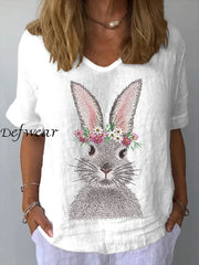 Women’s Easter Bunny Print Casual V-Neck Cotton and Linen Top White / S