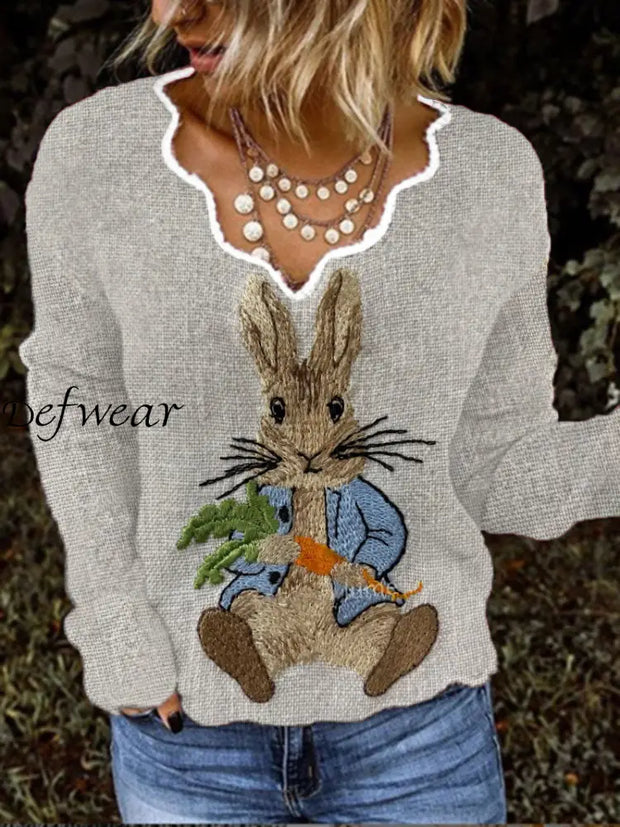 Women’s Easter Bunny Print Casual V-Neck Long Sleeve Top Apricot / S