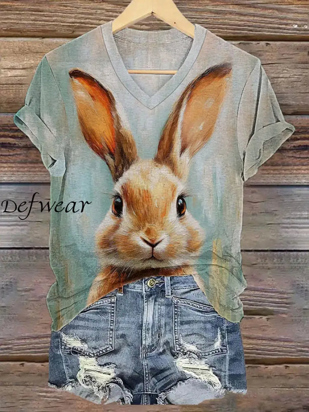 Women’s Easter Bunny Print Casual V-Neck Short Sleeve T-Shirt Lake Green / S