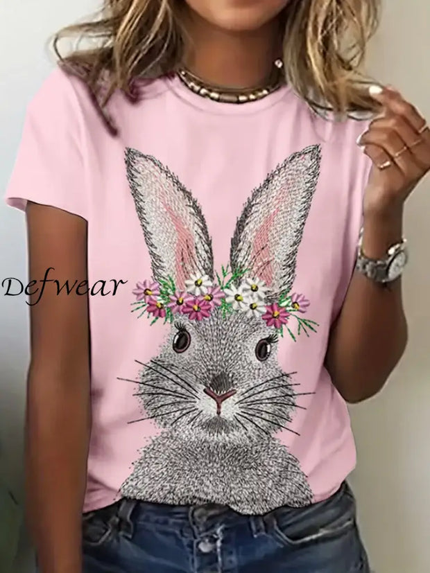 Women’s Easter Bunny Print Crew Neck T-shirt Pink / S