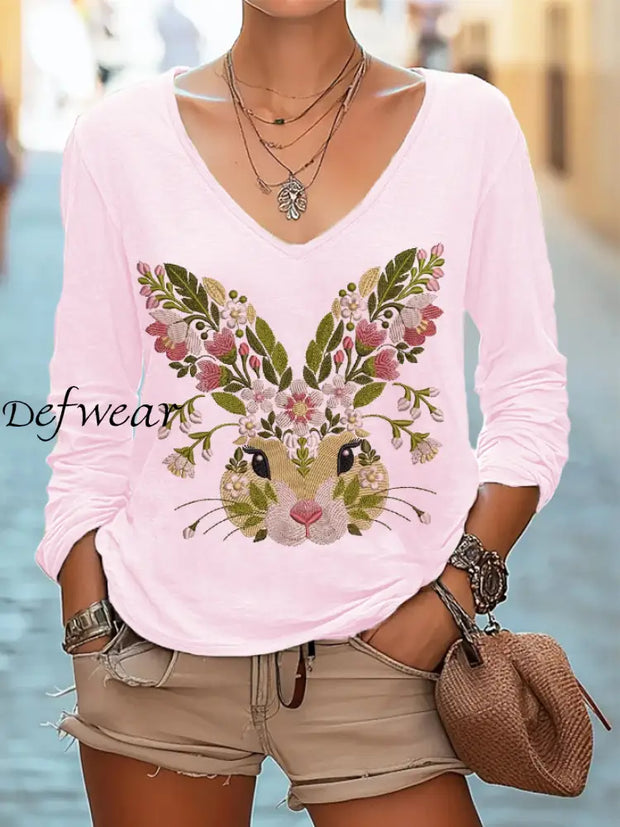 Women’s Easter Bunny Print Long Sleeve V-Neck Long Sleeve T-Shirt Pink / S