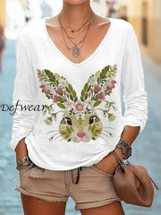 Women’s Easter Bunny Print Long Sleeve V-Neck Long Sleeve T-Shirt White / S