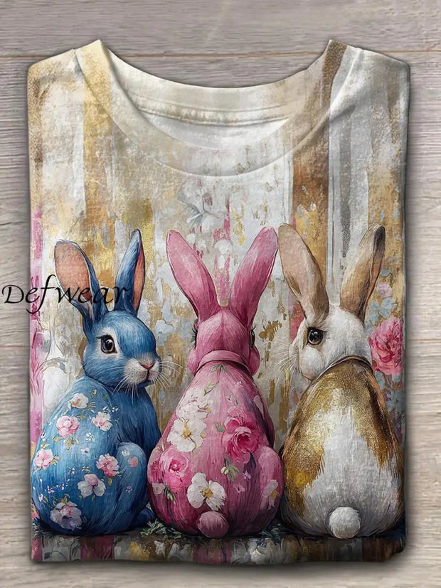 Women’s Easter Bunny Print O-Neck Short Sleeve T-Shirt Colorful / S