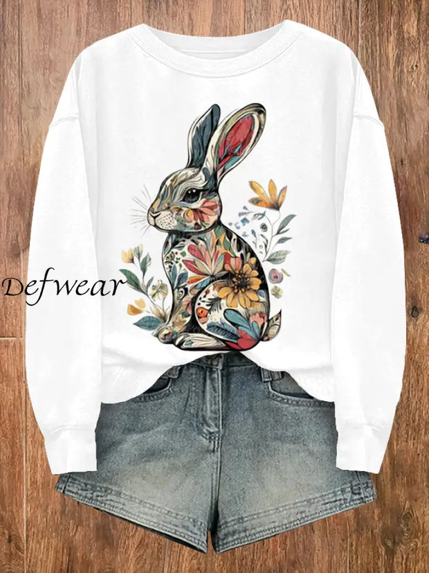 Women’s Easter Bunny Printed Casual Loose Long Sleeve Sweatshirt White / S