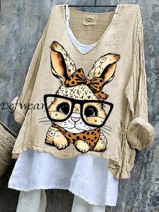 Women’s Easter Bunny Printed Cotton Linen Printed V-Neck Long Sleeve Shirt light khaki / S