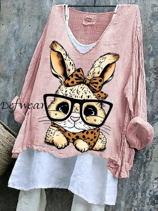 Women’s Easter Bunny Printed Cotton Linen Printed V-Neck Long Sleeve Shirt Pink / S