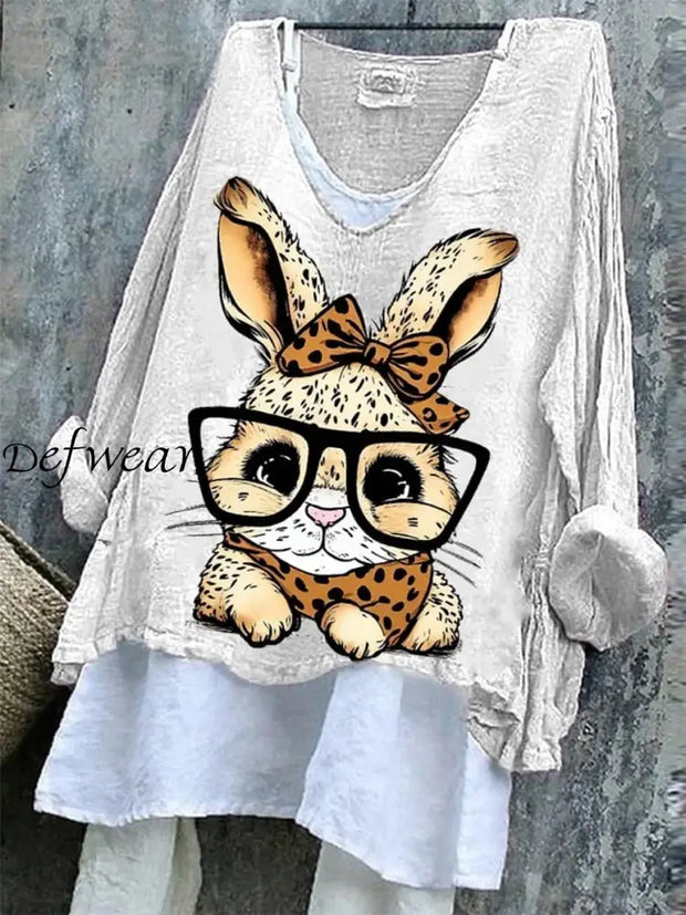 Women’s Easter Bunny Printed Cotton Linen Printed V-Neck Long Sleeve Shirt White / S