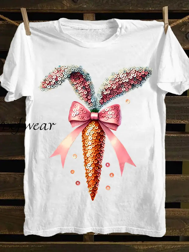 Women’s Easter Carrot Bunny Print Crew Neck T-Shirt White / S