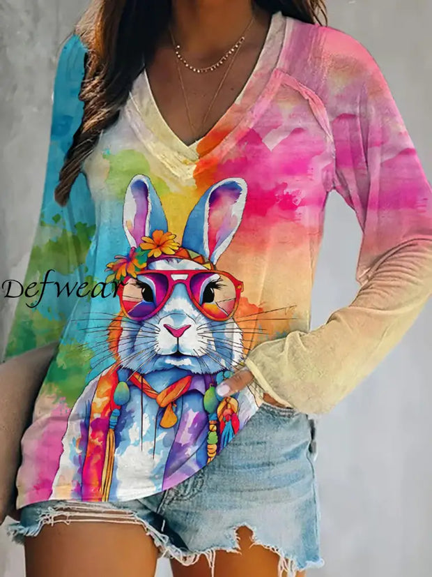 Women’s Easter Colorful Bunny Print V-Neck Loose Casual Long Sleeve T-Shirt Colorful / S